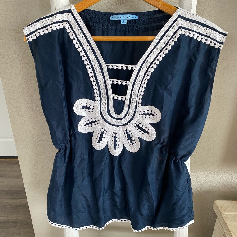 Navy lace shirt - lightweight. Silk like material with elastic band near waist